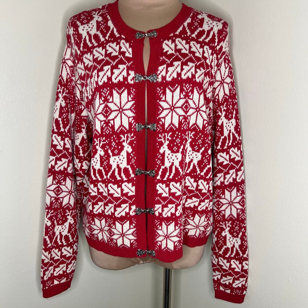 Croft & Barrow Cardigan Sweater Large Womens Silk Angora Fair Isle Red Winter